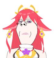 anime crown earring fox genshin_impact kitsune lipstick long_hair pink_hair purple_eyes subvariant:gapejak_female variant:gapejak yae_miko // 1205x1265 // 108.5KB