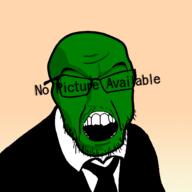 4chan anon clothes green_skin hair mustache necktie no_eyes open_mouth soyjak stubble suit suit_and_tie teeth text variant:feraljak // 1500x1500 // 465.8KB