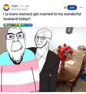 clothes flower gay glasses husband irl_background marriage married plant purple_hair rlgbt reddit soyjak stubble suit sweating tranny transgender_flag troon variant:bernd variant:soyak // 1290x1401 // 952.6KB