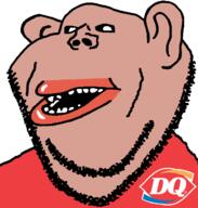 amerimutt brown_skin clothes dairy_queen ear hair lips mutt open_mouth red_shirt soyjak stubble subvariant:impish_amerimutt teeth text variant:impish_soyak_ears // 598x628 // 35.8KB