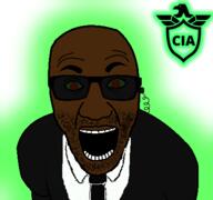 black_skin central_intelligence_agency clothes earpiece glasses glowing glownigger necktie open_mouth red_eyes soyjak stubble suit text tinted_glasses trend:glowie variant:el_perro_rabioso // 427x400 // 53.8KB