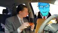 blue_skin calm car closed_mouth clothes food glass glasses gradient happy reviewbrah smile soyjak stubble suit tuxedo variant:feraljak // 1024x588 // 566.6KB