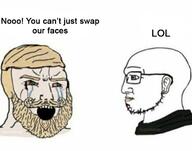 2soyjaks beard bloodshot_eyes chad crying ear glasses hair mustache nordic_chad open_mouth soychad soyjak soyjak_comic stubble text variant:nordjak variant:soyak yellow_hair // 680x536 // 292.1KB