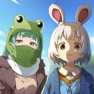 amphibian anime blue_shirt brown_shirt bunny_ears clothes frog mask meta:ai_generated meta:not_oc nas:baxter nas:pepe pepe pepe_the_frog rabbit subnas:pepelaugh // 1024x1024 // 138.5KB
