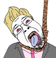 ack adam_ruins_everything bloodshot_eyes clothes crying hair hanging necktie open_mouth rope soyjak stubble suicide suit tongue variant:bernd yellow_hair yellow_teeth // 661x678 // 317.8KB