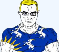 animal arm blue_eyes british buff closed_mouth clothes ear flag flag:merionethshire glasses goat hair merionethshire soyjak subvariant:chudjak_front subvariant:muscular_chud sun trend:aryan tshirt united_kingdom variant:chudjak vein wales yellow_hair // 1059x929 // 154.7KB