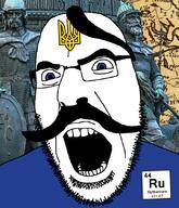 angry blue_eyes chemistry clothes element glasses mustache open_mouth pun ruthenium soyjak stubble text ukraine variant:cobson // 721x840 // 494.4KB