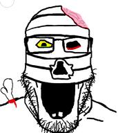 blood blood_drip blood_from_eyes blood_from_forehead bone brain crying exposed_bone exposed_brain eye_socket glasses mummy no_nose open_mouth soyjak stubble variant:markiplier_soyjak yellow_sclera // 599x672 // 115.4KB