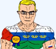 2000s arm award blue_eyes buff christianity closed_mouth clothes eastern_orthodox flag flag:russia flag:tyumen_oblast glasses hair oblast oil orthodox_cross rich russia soyjak subvariant:chudjak_front subvariant:muscular_chud text transparent transparent_background tshirt tyumen_oblast variant:chudjak vein yellow_hair // 1059x929 // 79.9KB