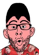 clothes ear glasses hair irl nikocado_avocado open_mouth pink_skin soyjak stubble tshirt variant:nojak // 443x623 // 93.7KB