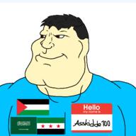 arm asskiddie100_(user) blue_shirt closed_mouth clothes flag flag:palestine flag:saudi_arabia flag:syria hair hello_my_name_is_(sticker) meta:namefags meximutt oc subvariant:mexiaryan text trend:aryan variant:meximutt white_skin // 1280x1280 // 195.4KB