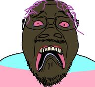 brown_skin brown_troonjak distorted eyebrows glasses mustache pink_eyes purple_hair scared teeth_showing tranny variant:bernd // 1106x1012 // 209.3KB