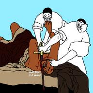 2soyjaks arm blood brown_skin closed_mouth clothes decapitation ear glasses gore hair hand holding_object holding_sword open_mouth redraw soyjak stubble sword text variant:chudjak weapon // 800x800 // 312.7KB