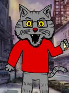 animal arm cartoon cat clothes ear fangs fritz_the_cat furry glasses hand holding_object open_mouth soyjak stubble tail tshirt variant:meowjak weed whisker yellow_sclera // 900x1200 // 611.5KB