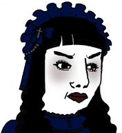 closed_mouth cross dress female frown gothic_lolita headdress lipstick long_hair makeup subvariant:chudessa subvariant:female_chudjak thick_eyebrows variant:chudjak // 828x899 // 128.0KB