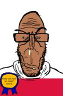 alternate angry badge bant_(4chan) brown_skin closed_mouth clothes coomer crying flag flag:poland glasses mucus poland red_eyes sick_fuck smile soyjak stubble subvariant:euromutt sweater text variant:markiplier_soyjak // 590x900 // 26.6KB
