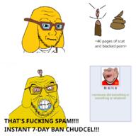 2soyjaks amerimutt angry animal ban bbc brainlet clenched_teeth closed_mouth clothes dog ear glasses greentext janny mcdonalds neutral penis poop retard saliva soyjak soyjak_party stubble subvariant:impish_amerimutt text tshirt vagina variant:feraljak variant:impish_soyak_ears variant:soyak yellow_skin // 1024x1024 // 269.7KB