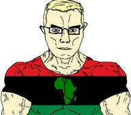 africa african_aryan african_union aryan blond blue_eyes buff clothes eyes_like_the_o-o-cean flag:pan-african soyjak subvariant:chudjak_front subvariant:muscular_chud variant:chudjak // 1059x929 // 46.7KB