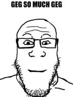 closed_mouth geg glasses smile soyjak stubble text variant:markiplier_soyjak // 500x666 // 108.3KB