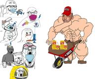 angry baseball_cap bloodshot_eyes brainlet buff cap chad closed_eyes clothes coronavirus_pandemic crying ear fit_(4chan) glasses grey_skin hat hazmat_suit joe_rogan meds mouth_mask npc open_mouth soyjak stubble subvariant:npc_soyak surgical_mask syringe vaccine variant:cryboy_soyjak variant:excited_soyjak variant:feraljak variant:reaction_soyjak variant:soyak wheelbarrow // 1024x852 // 127.1KB