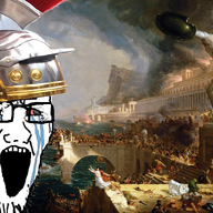 ancient bloodshot_eyes clothes crying destruction_(painting) empire equite glasses hat helmet open_mouth roman_legionary_helmet soyjak stretched_mouth stubble variant:soyak warrior // 1280x800 // 1.6MB