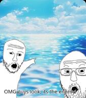 anime arm attack_on_titan glasses hand open_mouth pointing soyjak stubble text variant:two_pointing_soyjaks // 740x840 // 103.9KB