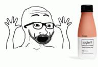animated arm bottle excited glasses hand hands_up open_mouth plastic_bottle shaking soy soyjak soylent soylent_(cacao) soylent_bottle stubble text variant:excited_soyjak // 498x343 // 101.1KB