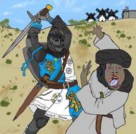 arab belt bloodshot_eyes brown_skin castle chain_mail christianity crying drawn_background flag holding_object holding_sword imminent_death lipstick mask necklace open_mouth soyjak sword tongue variant:bernd windmill yellow_teeth // 828x815 // 1010.5KB