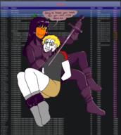 2soyjaks arm ban blond boot clothes ear evil female froot froot_(user) glasses hair hand handcuffs holding_object holding_sword leaf leg nate ominous purple_hair scared soyjak_party subvariant:wholesome_soyjak sword text tshirt variant:chudjak variant:gapejak // 1423x1588 // 1.2MB