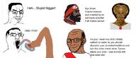 balding bandana beard black_skin bootlicker brown_skin curly_hair drool foot glasses hair jesus leg licking necklace nigger nordic_chad open_mouth sash smug text toes variant:chudjak variant:soyak white_background widows_peak yakub // 2164x928 // 562.7KB