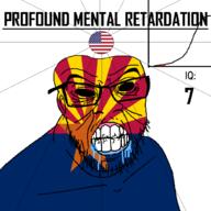angry arizona bald black_eyes black_hole black_sclera clenched_teeth closed_mouth cracked_teeth drool ear flag flag:arizona flag:united_states glasses hair iq iq_bell_curve mustache nightmare_fuel no_pupils profound_mental_retardation retard soyjak star_(symbol) state stubble text united_states variant:feraljak wrinkles // 1024x1024 // 84.5KB