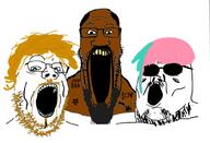 3soyjaks beard bug death_grips glasses hair horn mustache open_mouth pink_hair rap rapper soyjak star stretched_mouth stubble trend:soyjak_trio variant:gapejak variant:markiplier_soyjak variant:tony_soprano_soyjak wing // 1039x710 // 178.6KB