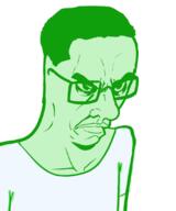 angry arm closed_mouth clothes glasses glowing green_skin hair soyjak subvariant:chudjak_seething trend:glowie tshirt variant:chudjak // 899x1078 // 155.4KB