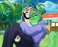 backyard beard calm closed_mouth clothes dinosaur gem glasses green_hair green_skin hair holding_object hoodie house hugging i_want_hug_that_gator jacket sky smile soccer_ball stubble tail variant:cobson variant:markiplier_soyjak // 907x740 // 527.1KB