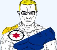 arm blue_eyes bonaire buff closed_mouth clothes flag flag:bonaire glasses hair netherlands soyjak star_(symbol) subvariant:chudjak_front subvariant:muscular_chud transparent transparent_background tshirt variant:chudjak vein yellow_hair // 1059x929 // 67.3KB