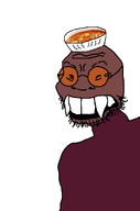 asian beefsoup_(user) brown_skin closed_eyes food meta:namefags object_on_head soup speech_bubble variant:soykio_kid