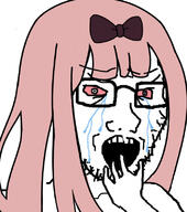 anime arm beard bloodshot_eyes bowtie chika_fujiwara crying glasses hand kaguya_sama_love_is_war open_mouth pink_hair soyjak stubble variant:soyak // 694x783 // 246.1KB