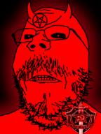 angry badge black_sclera clenched_teeth communism cyrillic_text demon facial_mark forehead_mark glasses glowie hammer_and_sickle horn kgb mark_of_the_beast meta:tagme pentagram_forehead_mark red_skin satan soyjak stubble tattoo variant:gapejak // 600x800 // 98.3KB