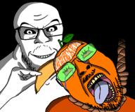 2soyjaks black_background bloodshot_eyes crying dead food froot fruit glasses hand hanging leaf mustache ominous open_mouth orange orange_(fruit) peeling rope smile soyjak soyjak_party stubble tongue variant:bernd variant:feraljak yellow_teeth // 600x500 // 25.4KB