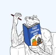 buff closed_mouth crayon froot glasses holding_book holding_object smile soot soyjak_party subvariant:chud_reading transparent_background variant:chris_griffin_soyjak variant:daddy_pig variant:wahjak vein // 528x516 // 37.8KB