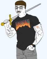 barneyfag black_shirt brown_hair buff cheese clothes doom holding_object holding_sword lee_goldson muscles mustache no_symbol sword tattoo tshirt variant:chudjak vein watch weapon // 1514x1910 // 366.3KB