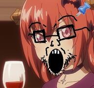 anime beard clothes female gabriel_dropout glasses hair open_mouth ornament push_pin red_hair satania soyjak sticky stubble variant:satianajak // 313x291 // 38.3KB