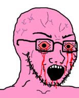 artist:hellcat blood bloodshot_eyes crying glasses open_mouth pink soyjak stubble variant:soyak vein // 644x800 // 19.4KB