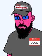 admin beard cap closed_mouth clothes doll_(user) dot_eyes ear glasses grey_shirt hat hello_my_name_is_(sticker) looking_at_you nose pink_skin soyjak_party text tinted_glasses variant:dolljak wrinkles // 1080x1440 // 133.1KB