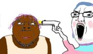 2soyjaks animated arm black_skin blood bloodshot_eyes blue_hair choker clothes crying dead firearm glasses gun hair hand holding_gun holding_object holding_pistol mole murder open_mouth pink_hair pistol purple_hair shooting sleeveless_shirt smile soyjak stubble tongue tranny variant:bernd variant:chudjak weapon yellow_teeth // 650x377 // 73.9KB