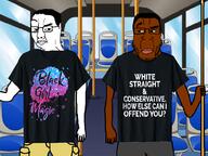 artist:sectionalism black_girl_magic black_skin bus cargo_shorts clothes confused glasses hair lips pole raised_eyebrow seat shorts subvariant:chudplier variant:chudjak variant:markiplier_soyjak window yellow_sclera // 1000x750 // 448.5KB
