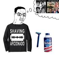 2soyjaks clothes glasses hair irl irl_soy shaving shaving_cream soyjak text thought_bubble variant:chudjak variant:stresscasts // 1080x1080 // 92.6KB