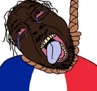 black_skin bloodshot_eyes country crying flag flag:france france glasses hair hanging open_mouth rope soyjak stubble suicide tongue variant:bernd yellow_teeth // 768x719 // 19.0KB
