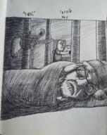 3soyjaks arm art asylum background bed biting_lip blanket closed_mouth clothes dr_soyer drawfag drawing drawn_background five_nights_at_cobson's flashlight fnac frown full_body glasses hand hat ink meta:soytober meta:soytober2024 pillow shadow stubble subvariant:feralsquirrel table tail trend:squirreljakking tshirt variant:bernd variant:feraljak // 1622x2048 // 5.1MB