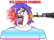 ACK! ack blood bloodshot_eyes clothes covered_eyes crying death femjak flag flag:femboy_pride_flag ftm glasses gun hair happy open_mouth pooner purple_hair soyjak subvariant:terryjak teeth terry_crews(namefag) text tongue trans trans_flag tshirt variant:gapejak yellow_teeth // 1590x1174 // 150.1KB